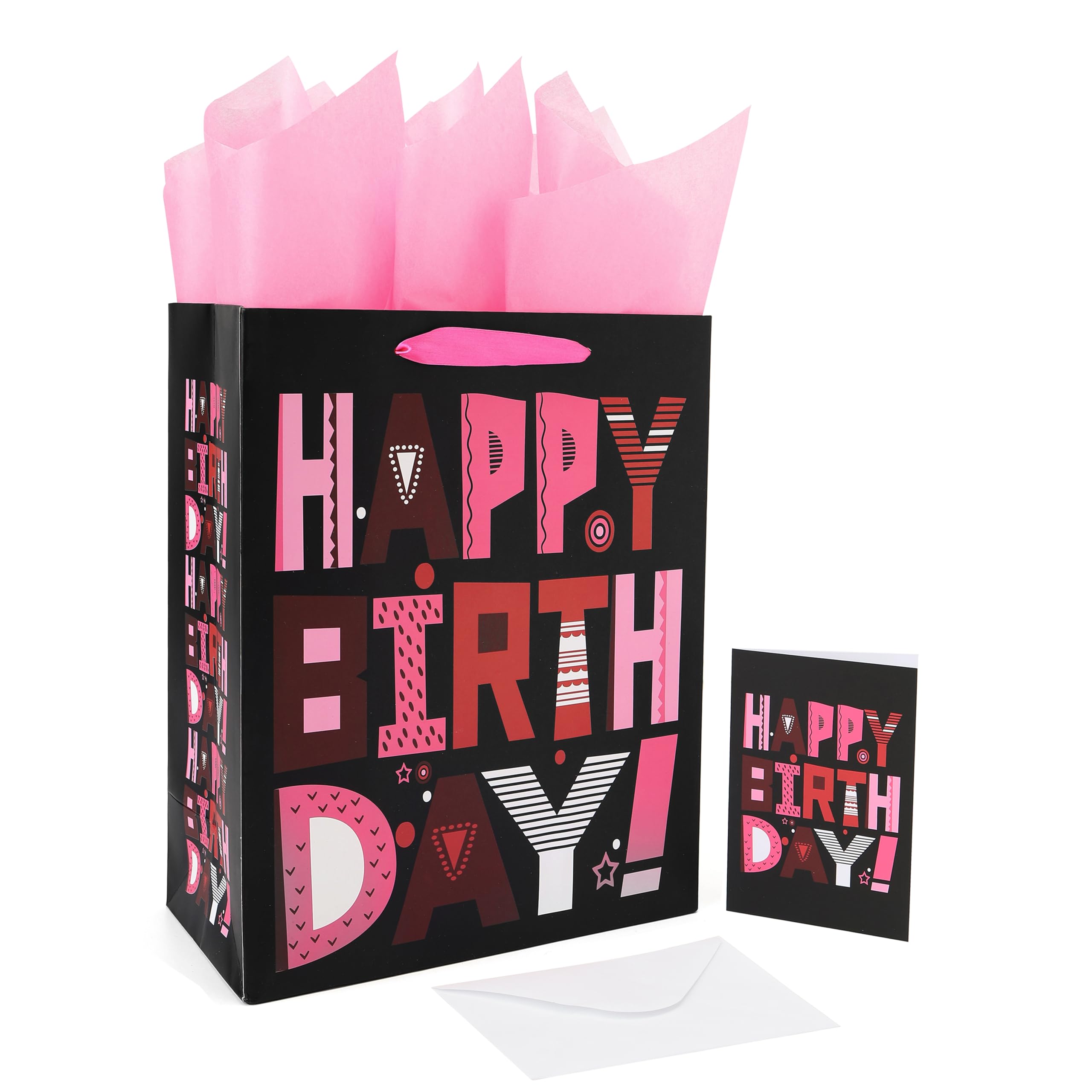 13" Large Pink Gift Bags Set with Greeting Card and Tissue Paper (Pink Happy Birthday) for Girls Birthday Party,Kids Parties,Mother's Day,Baby Shower,Baby Girl -13”x10.1”x5.2”,1 Pcs,