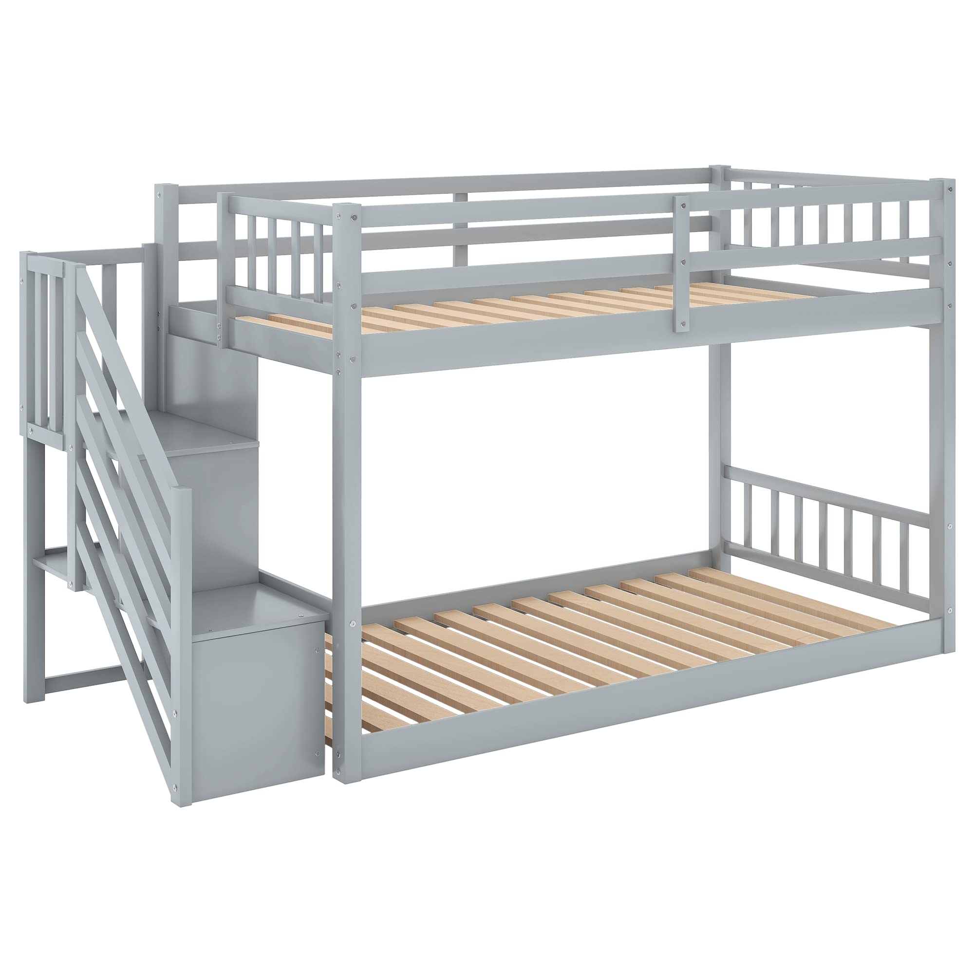 Eafurn Twin Over Twin Floor Bunk Beds with Stairs for Teens, Low Bunk Beds with Storage Staircase,Solid Wood Stairway Bunk Bed Frame for Kids Boys Girls, No Box Spring Required