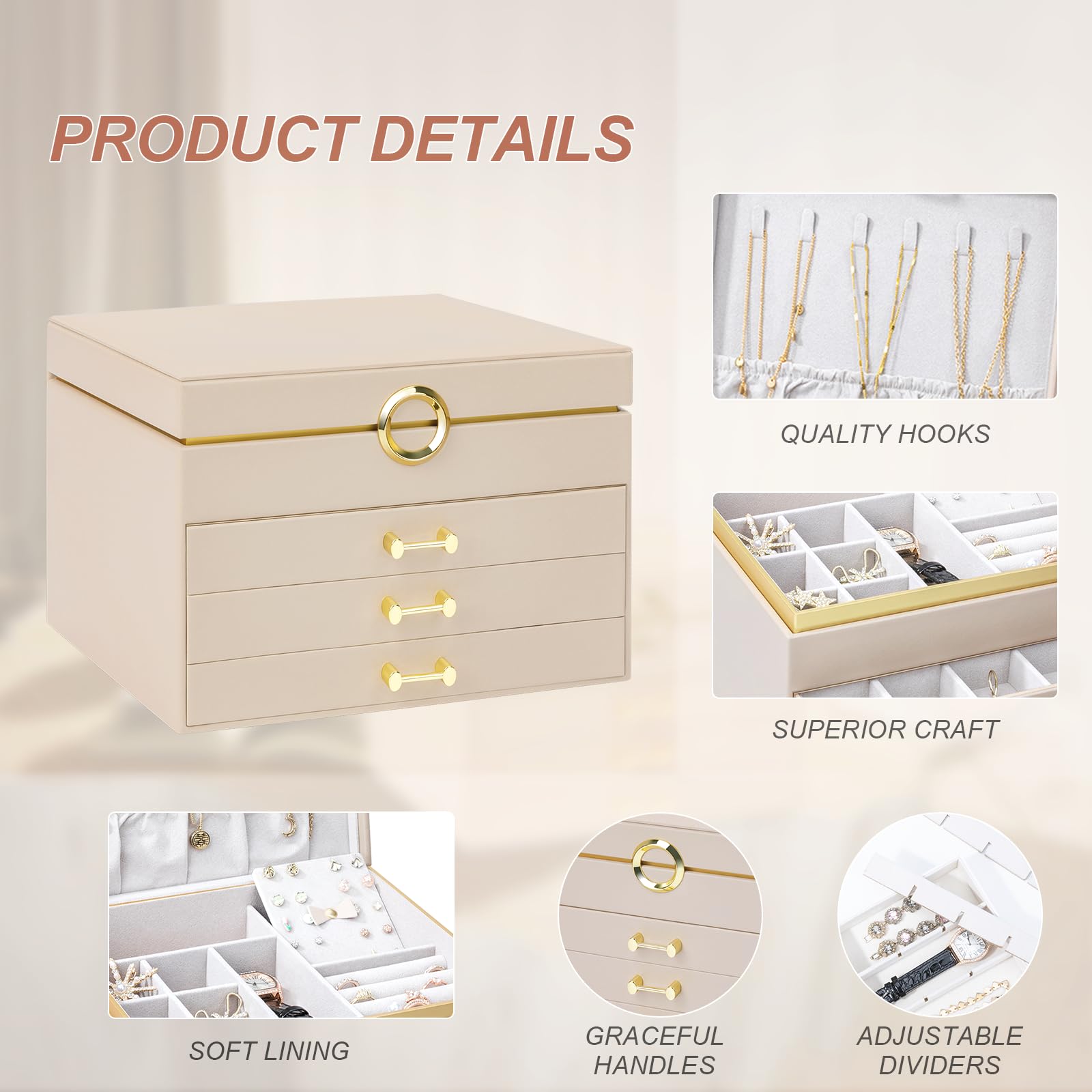 V-LAFUYLIFE Jewelry Box for Women,4-Layer Leather Jewelry Holder Organizer with 3 Drawers Large Jewelry Storage Boxes, Lots of Storage Space For Ring,Necklace,Bracelets,Earring（White）