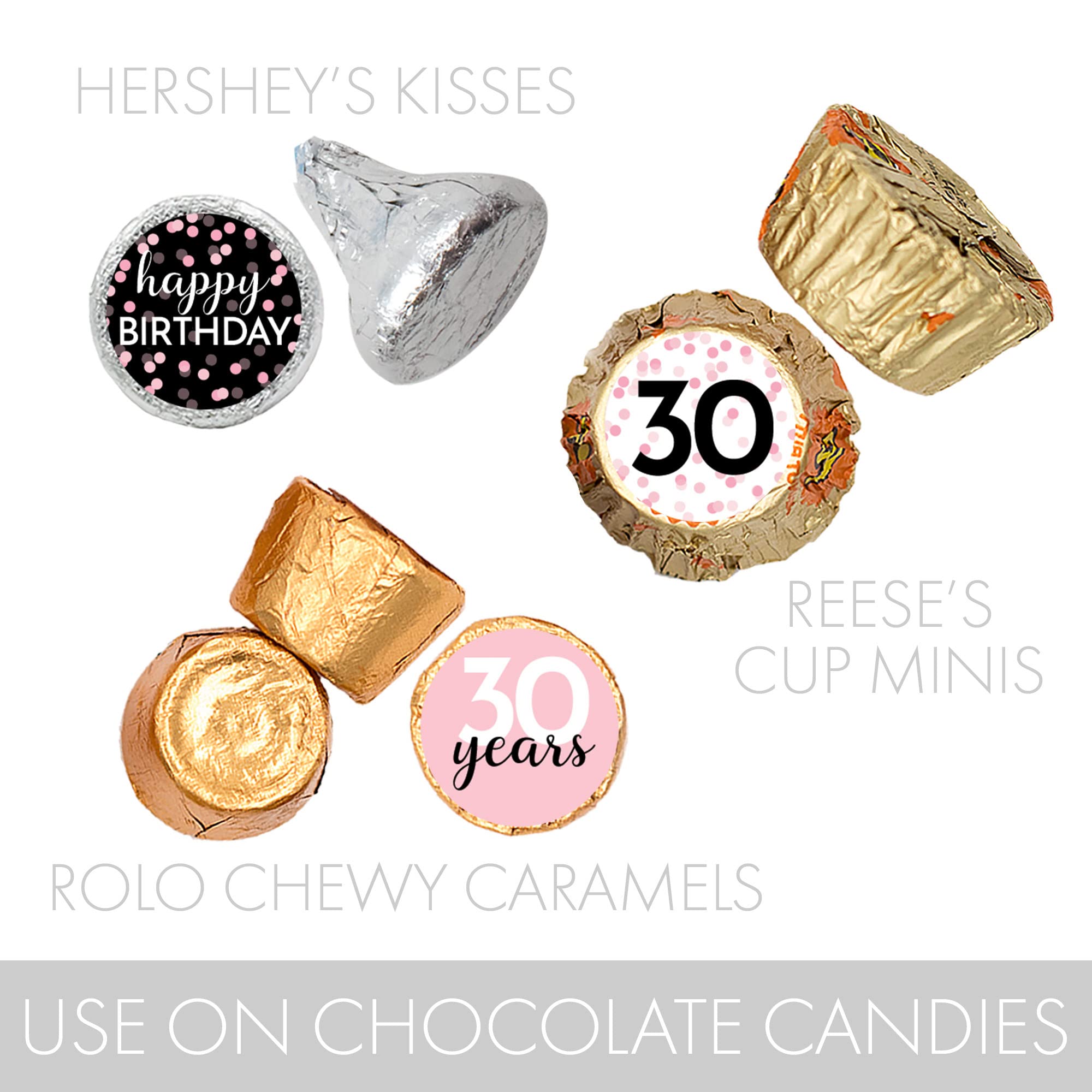 Pink, Black, and White 30th Birthday Party Favor Chocolate Kisses Candy Stickers -180 Count