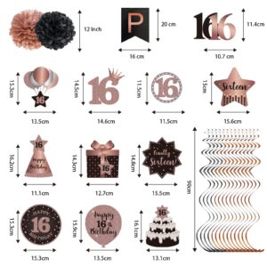 BRT Bearingshui Happy 16th Birthday Hanging Swirls Streamers Decoration, Happy Birthday Banner with Tissue Pompoms, Rose Gold and Black 16 Years Old Birthday Party Hanging Backdrop Decorations