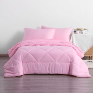 NTBAY Twin Comforter Set with Sheets, 5 Pieces Soft and Breathable Twin Bedding Set, Twin Bed in a Bag, Down Alternative Comforter Set Solid Color All Season, Kids Bedding Set, Pink