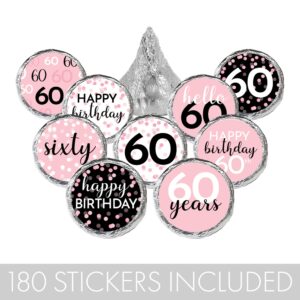 Pink, Black, and White 60th Birthday Party Favor Stickers, Kisses Candy Labels - 180 Count, 60th Birthday Decorations for Women