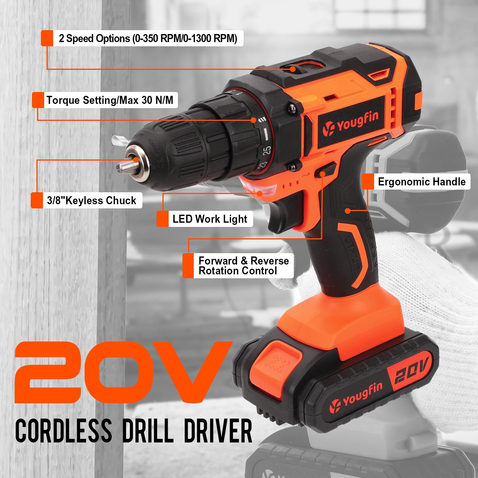 Yougfin Drill Sets Power Tool Combo Kit with 2 Batteries & Charger, 20V Battery Powered Cordless Drill Set with 114pcs Hand Tools, Tool Box with Electric Drill for Home