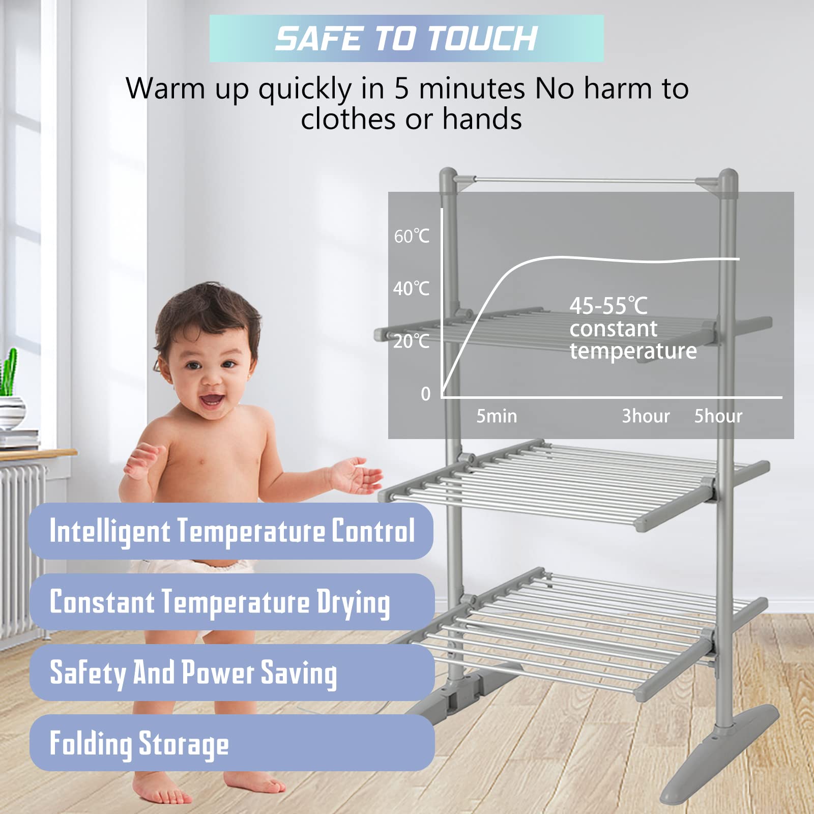 TRAGLO Heated Drying Rack Folding Electric Clothes Drying Rack Collapsible Laundry Drying Rack Free-Standing Heating Garment Dryer Towel Rail Space Saving for Home Indoor Outdoor