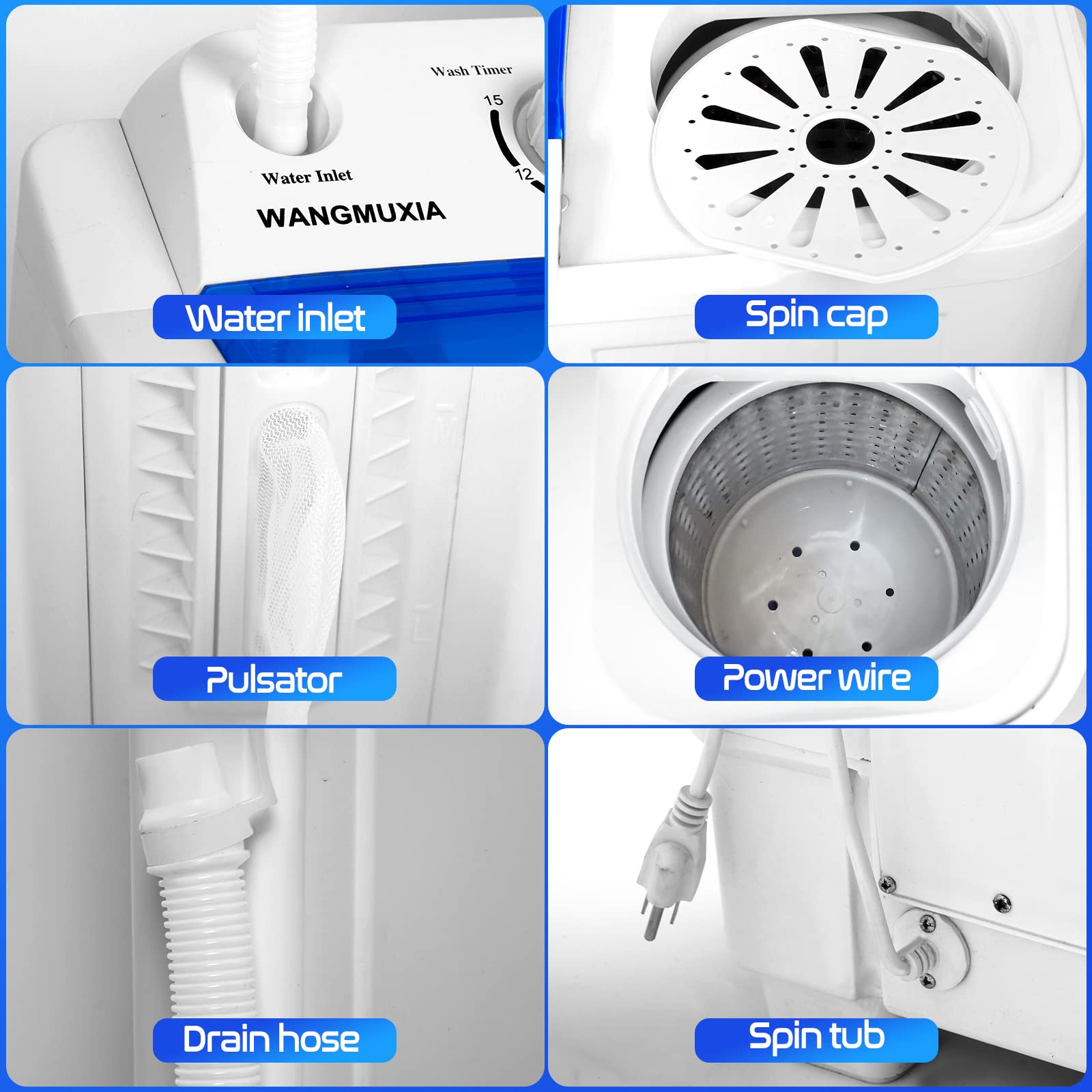 WANGMUXIA Portable Waher and Dryer, 2-in-1 Twin Tub 20lbs Capacity Washer(12lbs) and Spinner dryer(8lbs) Built-in Drain Pump，Timer Function, Apartments, Dorms, College Rooms, RV’s and more