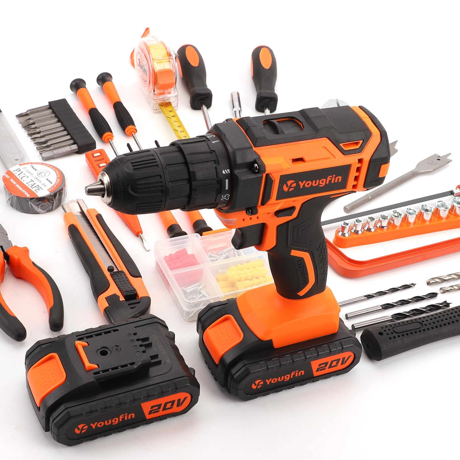 Yougfin Drill Sets Power Tool Combo Kit with 2 Batteries & Charger, 20V Battery Powered Cordless Drill Set with 114pcs Hand Tools, Tool Box with Electric Drill for Home