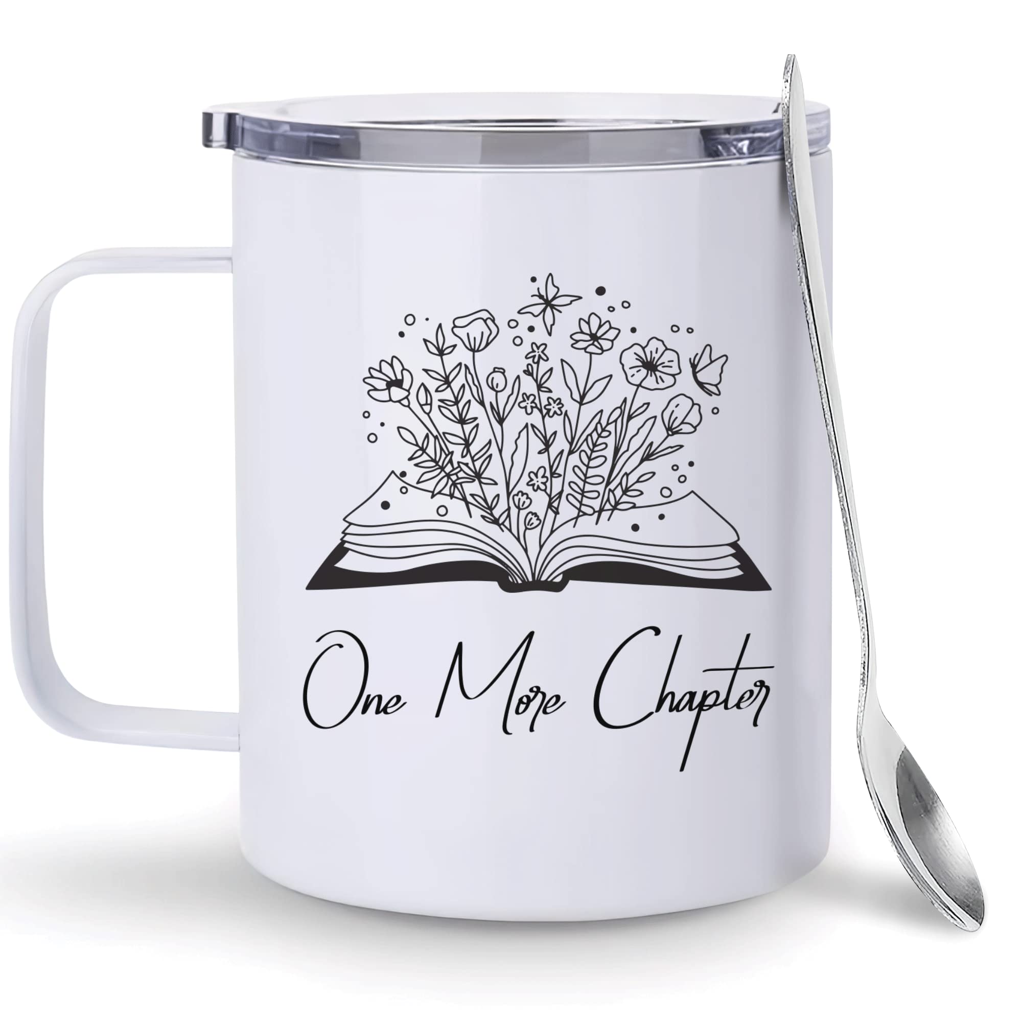 Hyturtle Book Gifts For Book Lovers 12oz Insulated Stainless Steel Mug With Lid & Spoon - Book Gifts For Women - Birthday Christmas Gifts For Book Lovers Librarian - Coffee Tea White Mug