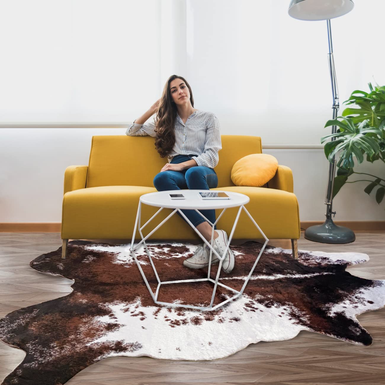 Faux Fur Cowhide Rug 5 x 6.6 ft, Cow Print Area Rug Cute Animal Printed Carpets for Bedroom Living Room Rustic Western Home Decor, No Shedding and Easy to Clean