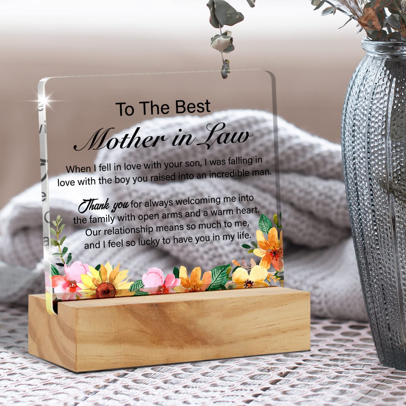 Mother in Law Gift Mother of the Groom Gifts, Mother in Law I Feel So Lucky to Have You Desk Decor Acrylic Desk Plaque Sign With Wood Stand Home Desk Sign Keepsake Present