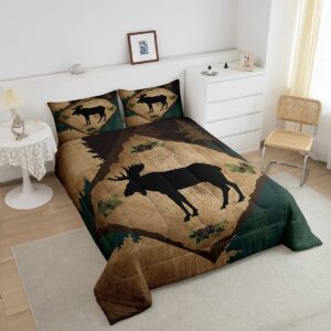 Homewish Lodge Cabin Comforter Set King Size 3 Pcs Wild Deer Antlers Outdoor Animal Comforter for Kids Teens Adults Pine Trees Retro Grid Rustic Style Bedding Set with 2 Pillowcases+1 Comforter