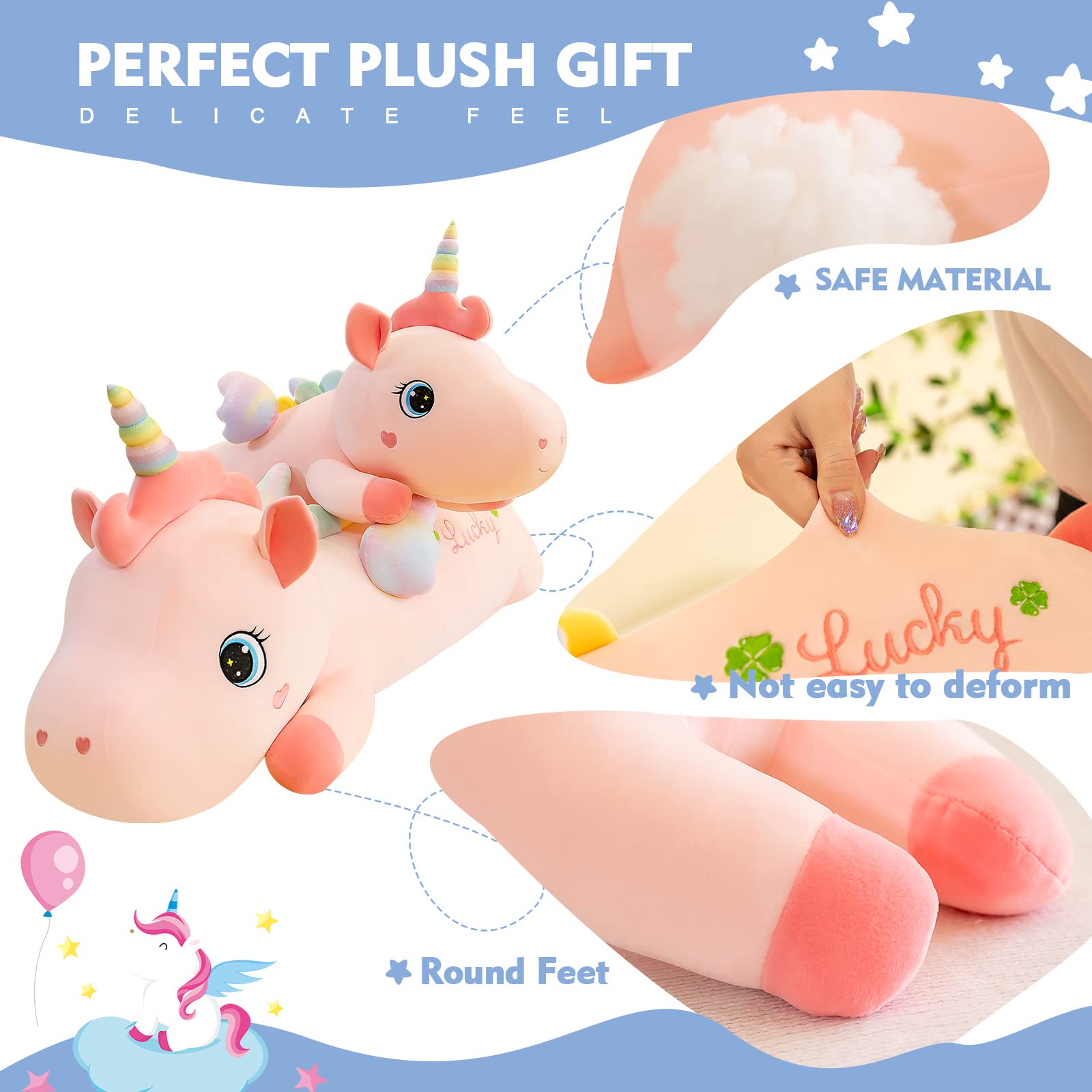 NXNYNZ Unicorn Plush Stuffed Animals for Girls, 51.1in Soft Cute Pink Unicorn Body Pillow Plushie Toys with Wings Birthday Gifts for Kids Boys