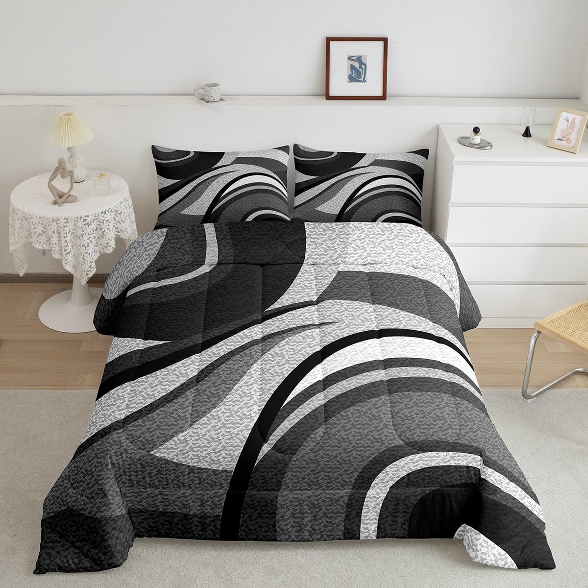 Black Grey Stripes Comforter Set Full Size Kids Geometric Comforter Set for Boys Teens Geometry Abstract Art Bedding Set Modern Striped Art Duvet Set Room Decor Quilt Boys