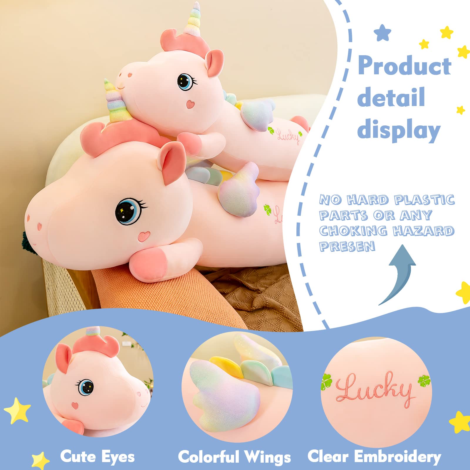 NXNYNZ Unicorn Plush Stuffed Animals for Girls, 51.1in Soft Cute Pink Unicorn Body Pillow Plushie Toys with Wings Birthday Gifts for Kids Boys