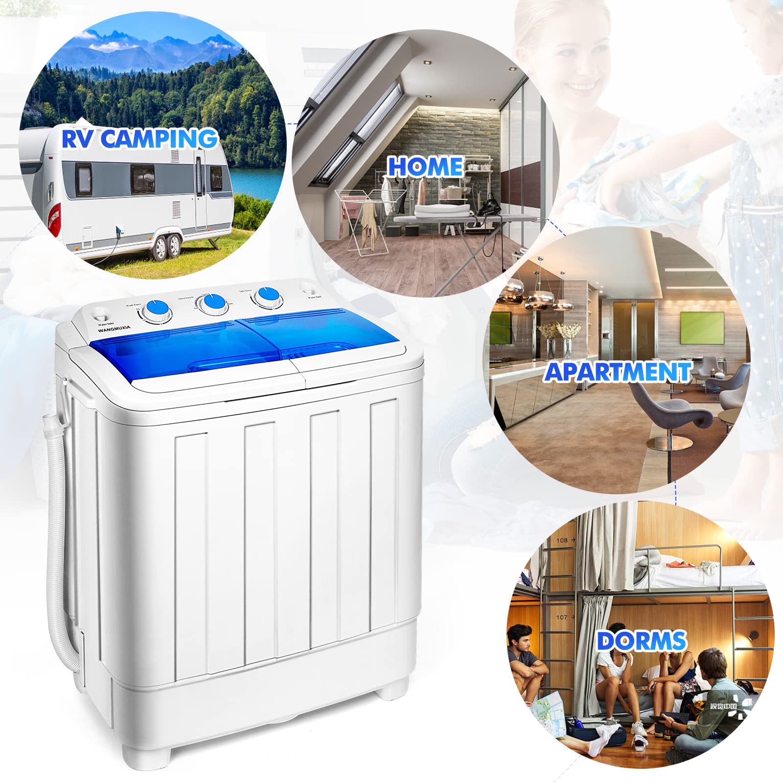 WANGMUXIA Portable Waher and Dryer, 2-in-1 Twin Tub 20lbs Capacity Washer(12lbs) and Spinner dryer(8lbs) Built-in Drain Pump，Timer Function, Apartments, Dorms, College Rooms, RV’s and more