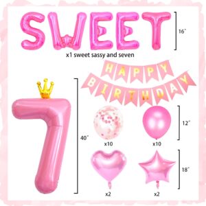 42 PCS Sweet Sassy & Seven Birthday Decoration Sweet Seven Birthday Balloons 7 Years Old Birthday Decoration Girls 7th Birthday Decoration