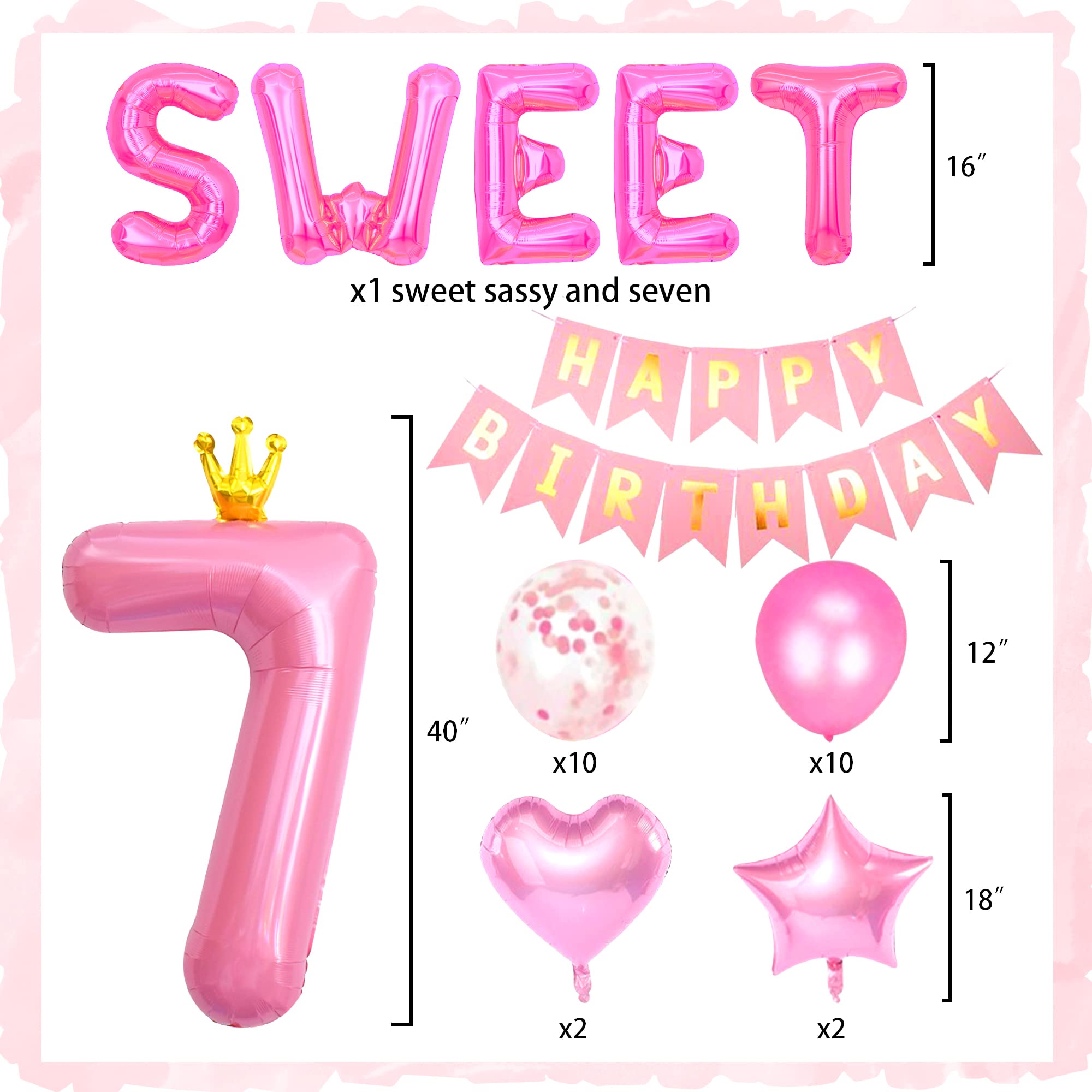 42 PCS Sweet Sassy & Seven Birthday Decoration Sweet Seven Birthday Balloons 7 Years Old Birthday Decoration Girls 7th Birthday Decoration