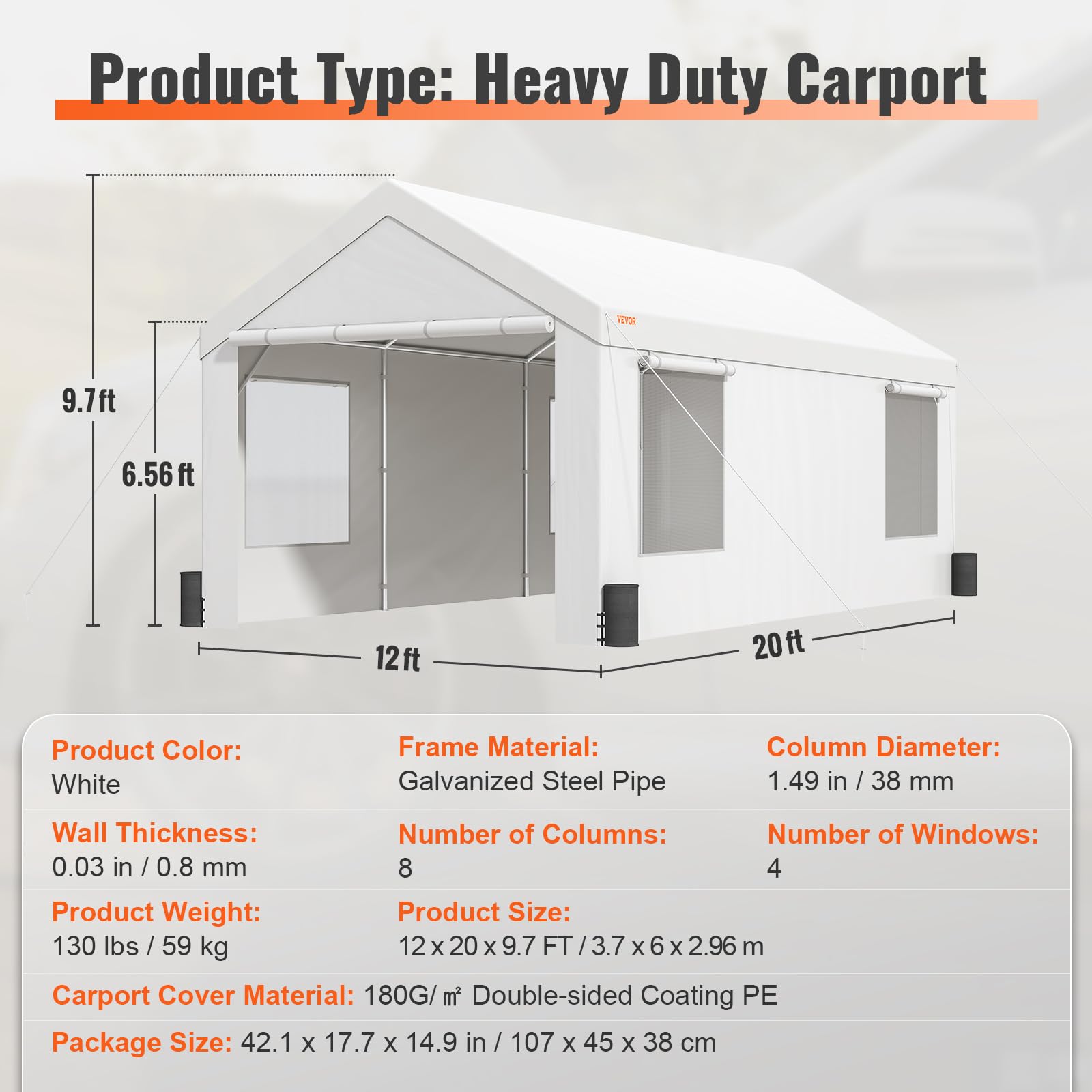 VEVOR Carport, 10x20ft Heavy Duty Car Canopy, Portable Garage with Roll-up Ventilated Windows & Removable Sidewalls, UV Resistant Waterproof All-Season Tarp for SUV, F150, Car, Truck, Boat, White