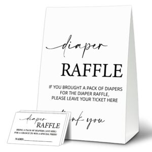 baby shower game card set, diaper raffle tickets and sign, modern black and white 1 sign and 50 cards, minimalist boy girl gender neutral baby shower supplies-b01