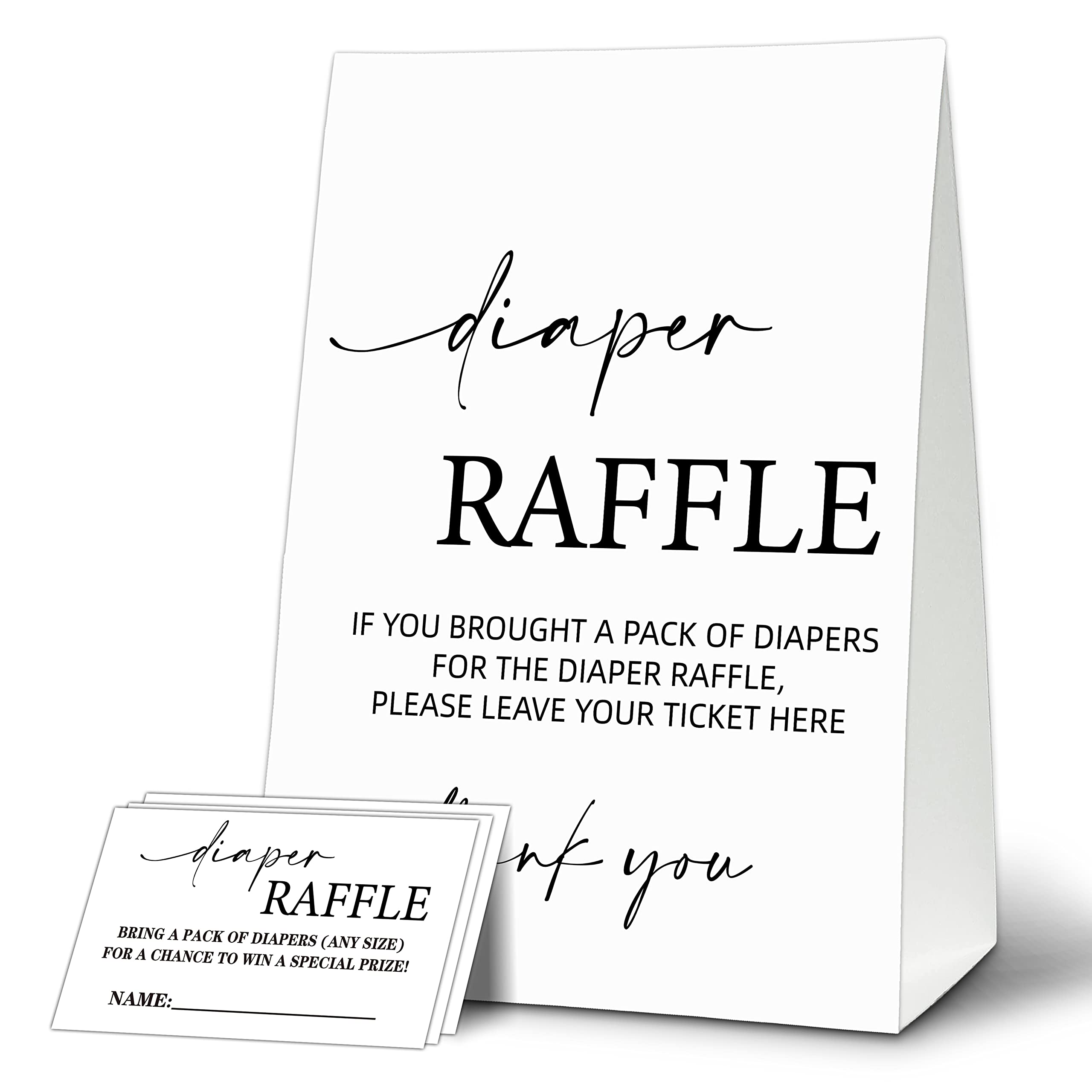 Baby Shower Game Card Set, Diaper Raffle Tickets and Sign, Modern Black and White 1 Sign and 50 Cards, Minimalist Boy Girl Gender Neutral Baby Shower Supplies-B01