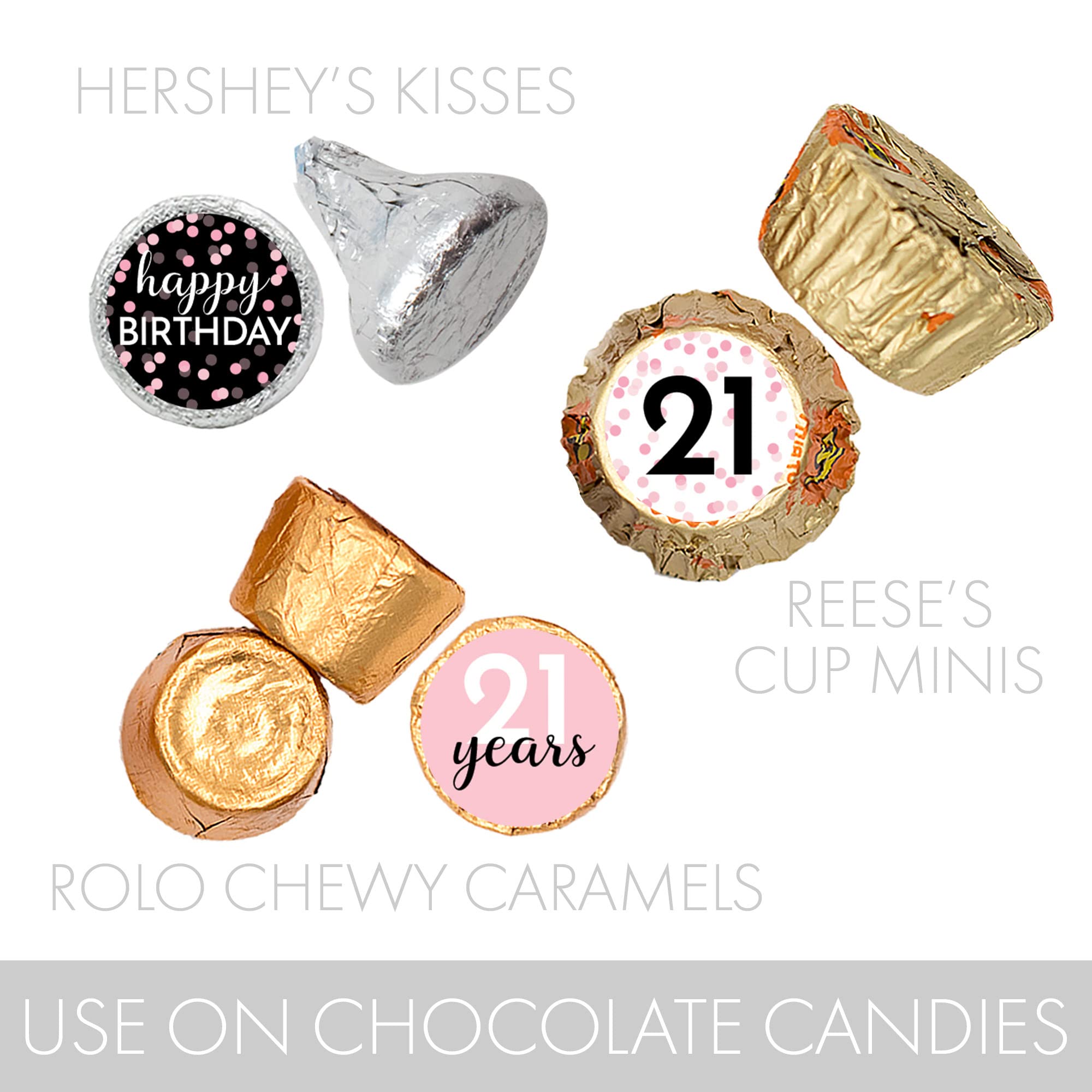 Pink, Black, and White 21st Birthday Party Favor Chocolate Kisses Candy Stickers -180 Count