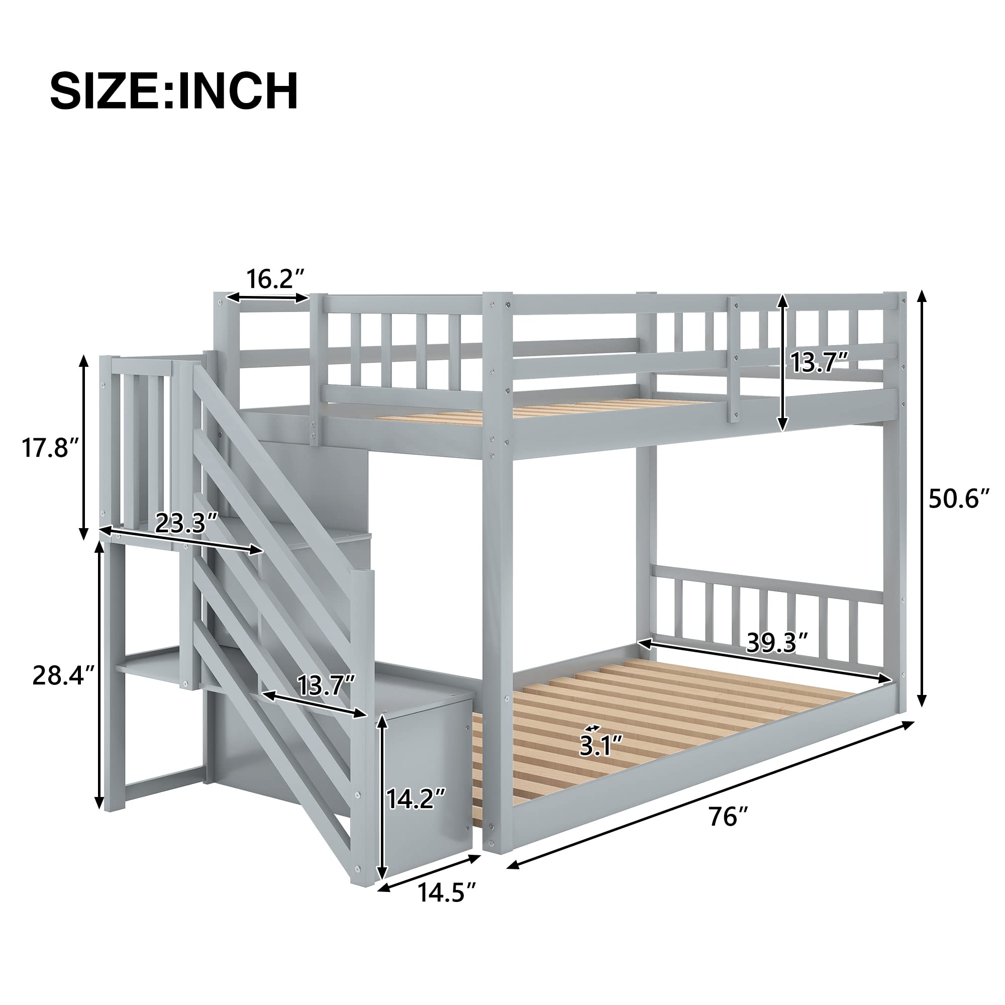 Eafurn Twin Over Twin Floor Bunk Beds with Stairs for Teens, Low Bunk Beds with Storage Staircase,Solid Wood Stairway Bunk Bed Frame for Kids Boys Girls, No Box Spring Required