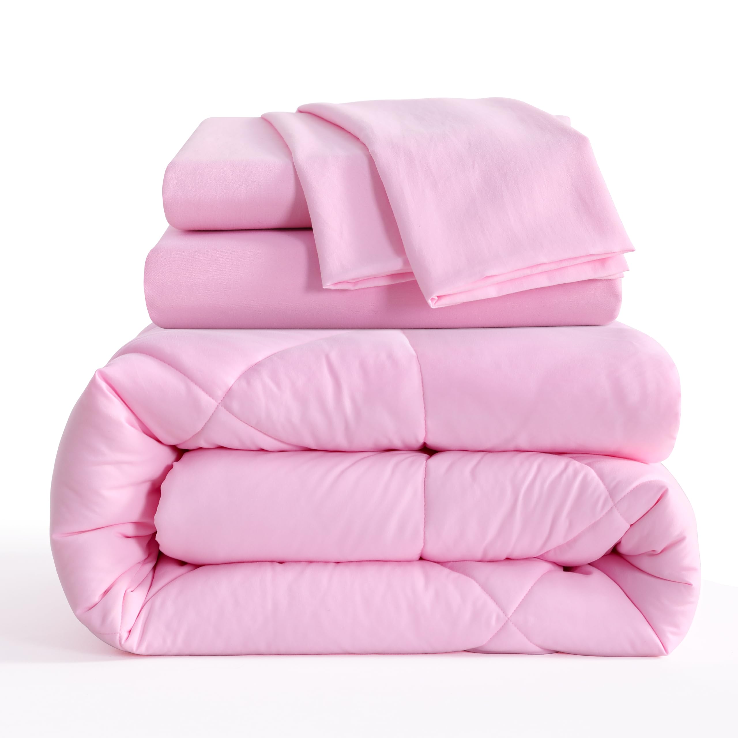 NTBAY Twin Comforter Set with Sheets, 5 Pieces Soft and Breathable Twin Bedding Set, Twin Bed in a Bag, Down Alternative Comforter Set Solid Color All Season, Kids Bedding Set, Pink