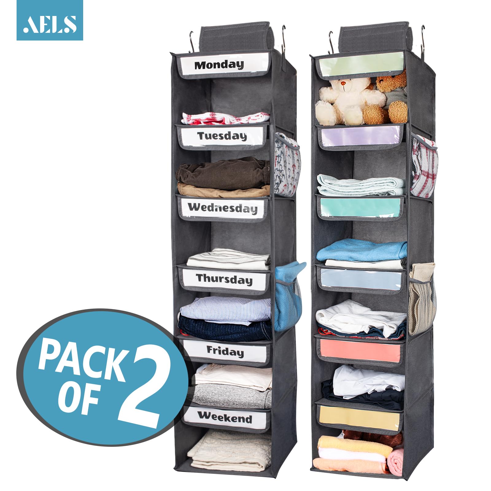 AELS 6-Shelf Weekly Clothes Organizer Set of 2, Hanging Closet Organizer for Kids & Adults, Monday Through Friday with Visual Label, Prepare & Organize Clothing, Shoes & After School Activities