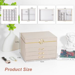 V-LAFUYLIFE Jewelry Box for Women,4-Layer Leather Jewelry Holder Organizer with 3 Drawers Large Jewelry Storage Boxes, Lots of Storage Space For Ring,Necklace,Bracelets,Earring（White）