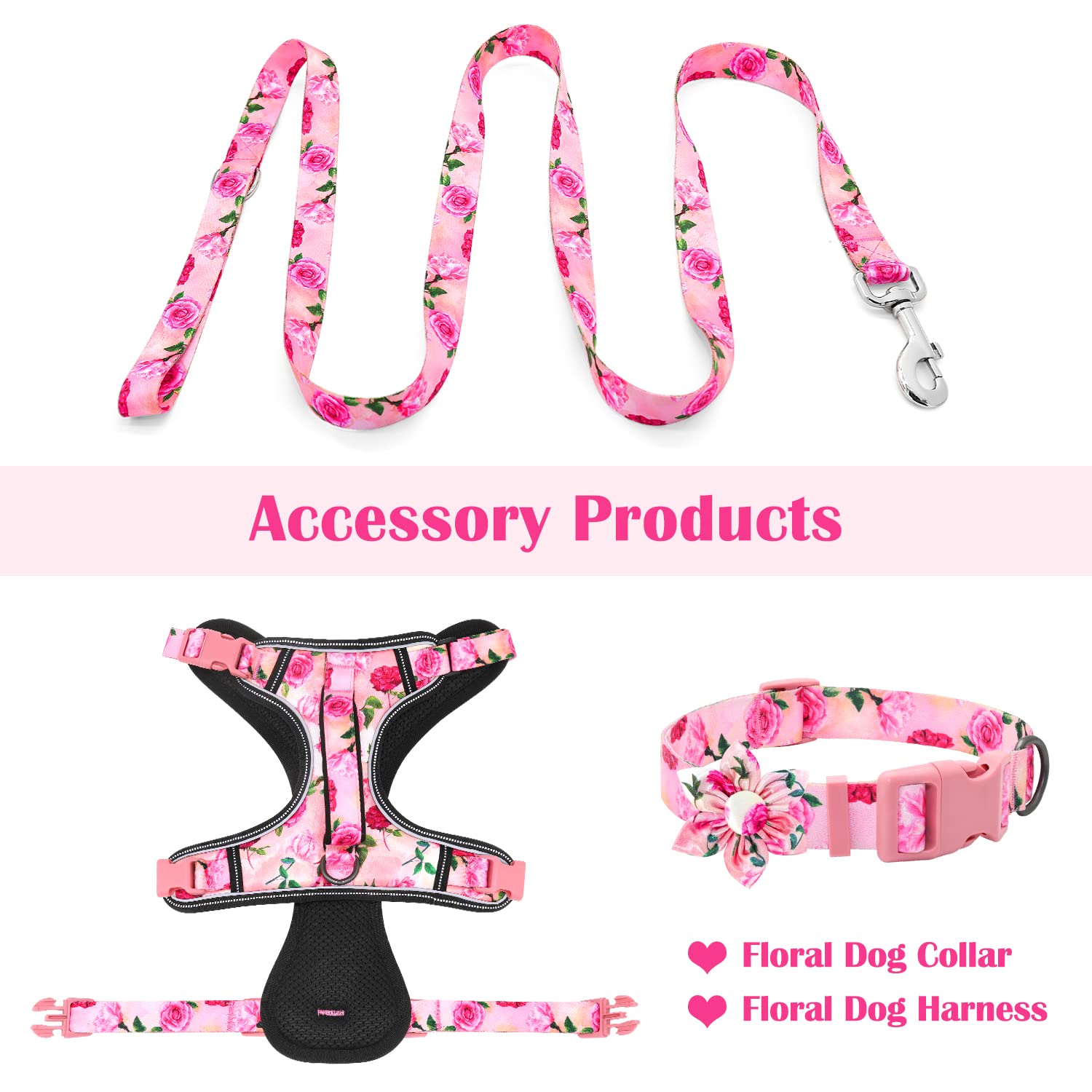 Pink Dog Leash Floral Cute Girl Dog Leash for Puppy,Small Breed Dogs 4 ft/Foot Dog Leash Hot Pink Dog Collar Harness and Leash Set