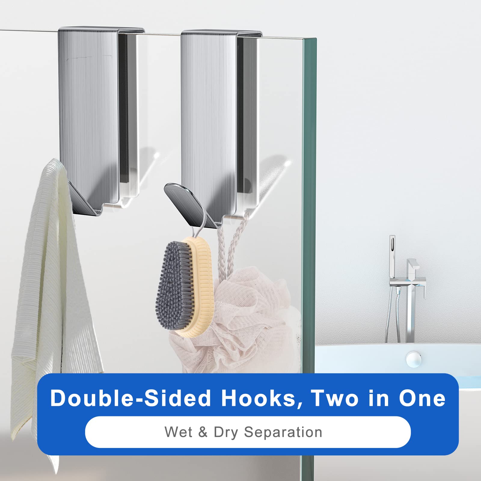 Shower Door Hooks, Shower Hooks for Towels, Heavy Duty Drilling-Free Double Sided Shower Towel Hooks for Bathroom Frameless Glass Shower Door, Over The Door Towel Hooks, 2 Packs