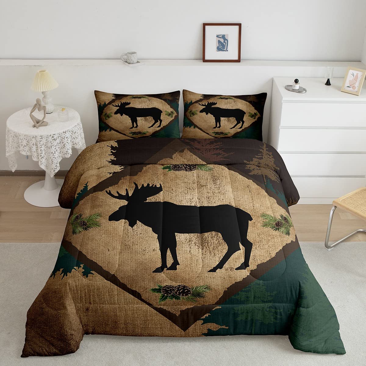 Homewish Lodge Cabin Comforter Set King Size 3 Pcs Wild Deer Antlers Outdoor Animal Comforter for Kids Teens Adults Pine Trees Retro Grid Rustic Style Bedding Set with 2 Pillowcases+1 Comforter