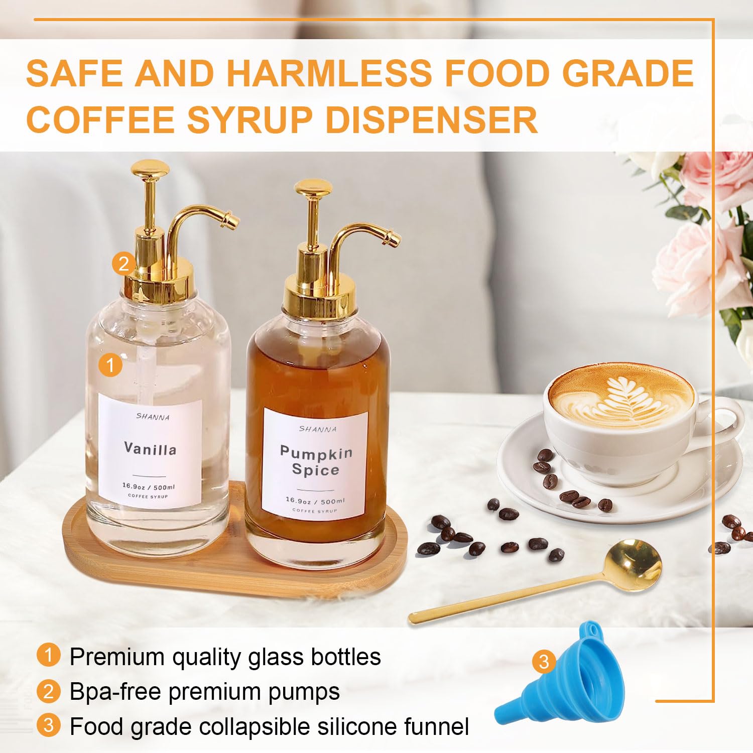 Coffee Syrup Dispenser for Coffee Bar, 16.9oz 500ml Glass Syrup Dispenser w Golden Coffee Scoop, Coffee Syrup Pump Dispenser w 36 Labels and Bamboo Tray, Coffee Syrup Bottles with Golden Pump, 2PCS