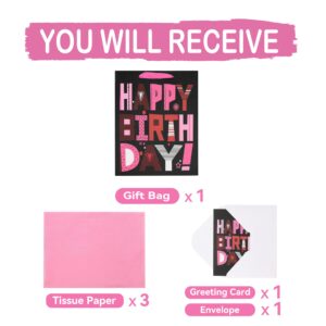 13" Large Pink Gift Bags Set with Greeting Card and Tissue Paper (Pink Happy Birthday) for Girls Birthday Party,Kids Parties,Mother's Day,Baby Shower,Baby Girl -13”x10.1”x5.2”,1 Pcs,