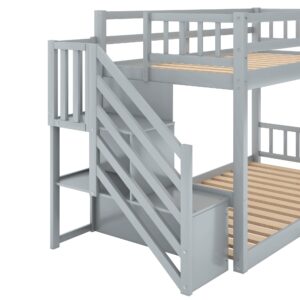 Eafurn Twin Over Twin Floor Bunk Beds with Stairs for Teens, Low Bunk Beds with Storage Staircase,Solid Wood Stairway Bunk Bed Frame for Kids Boys Girls, No Box Spring Required