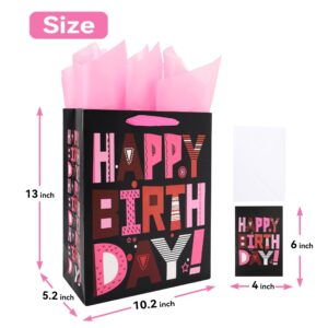 13" Large Pink Gift Bags Set with Greeting Card and Tissue Paper (Pink Happy Birthday) for Girls Birthday Party,Kids Parties,Mother's Day,Baby Shower,Baby Girl -13”x10.1”x5.2”,1 Pcs,