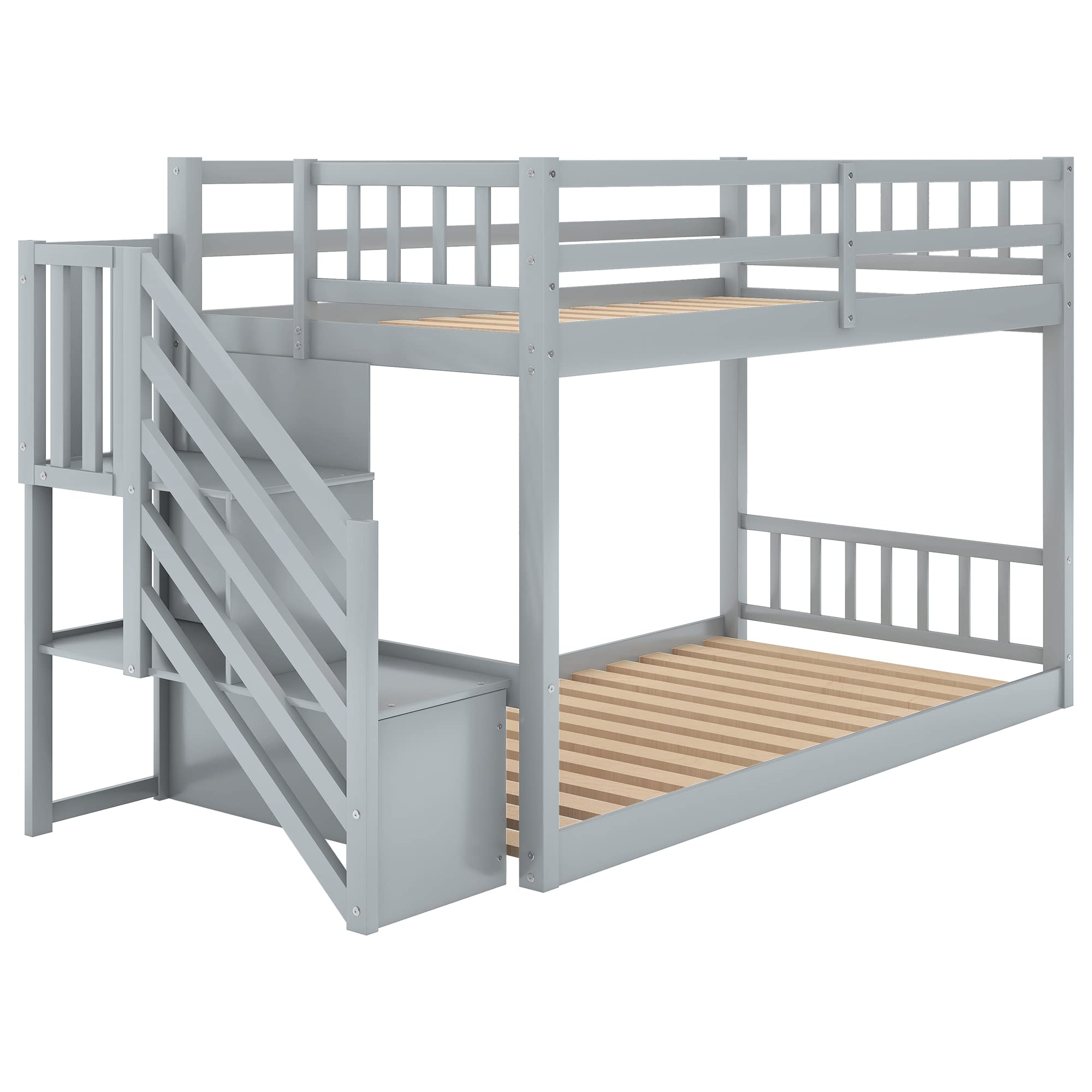 Eafurn Twin Over Twin Floor Bunk Beds with Stairs for Teens, Low Bunk Beds with Storage Staircase,Solid Wood Stairway Bunk Bed Frame for Kids Boys Girls, No Box Spring Required