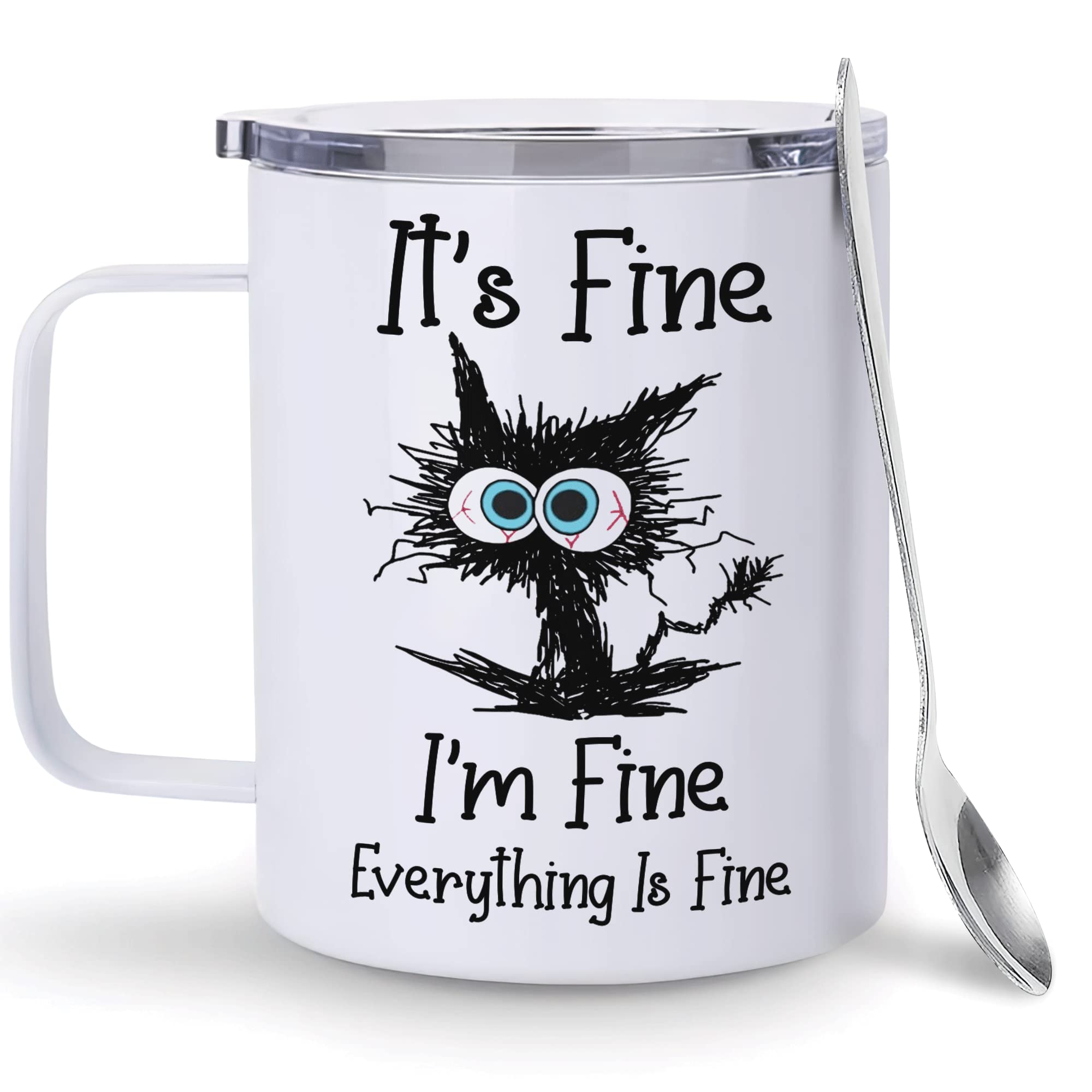 Hyturtle Funny Cat Gifts For Cat Lover, It's Fine I'm Fine Everything Is Fine Coffee Tumbler Cup Mug Stainless Steel 12oz, Cat Gifts For Women, Gift For Animal Lover On Birthday Christmas