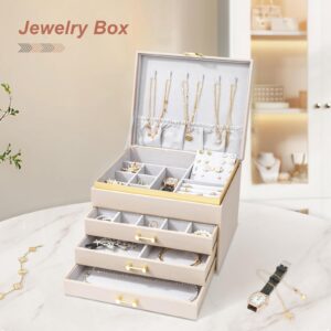 V-LAFUYLIFE Jewelry Box for Women,4-Layer Leather Jewelry Holder Organizer with 3 Drawers Large Jewelry Storage Boxes, Lots of Storage Space For Ring,Necklace,Bracelets,Earring（White）