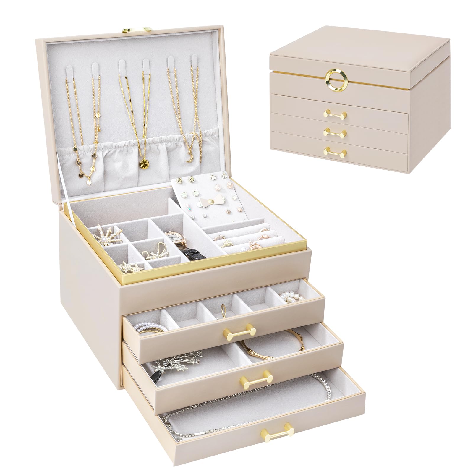 V-LAFUYLIFE Jewelry Box for Women,4-Layer Leather Jewelry Holder Organizer with 3 Drawers Large Jewelry Storage Boxes, Lots of Storage Space For Ring,Necklace,Bracelets,Earring（White）