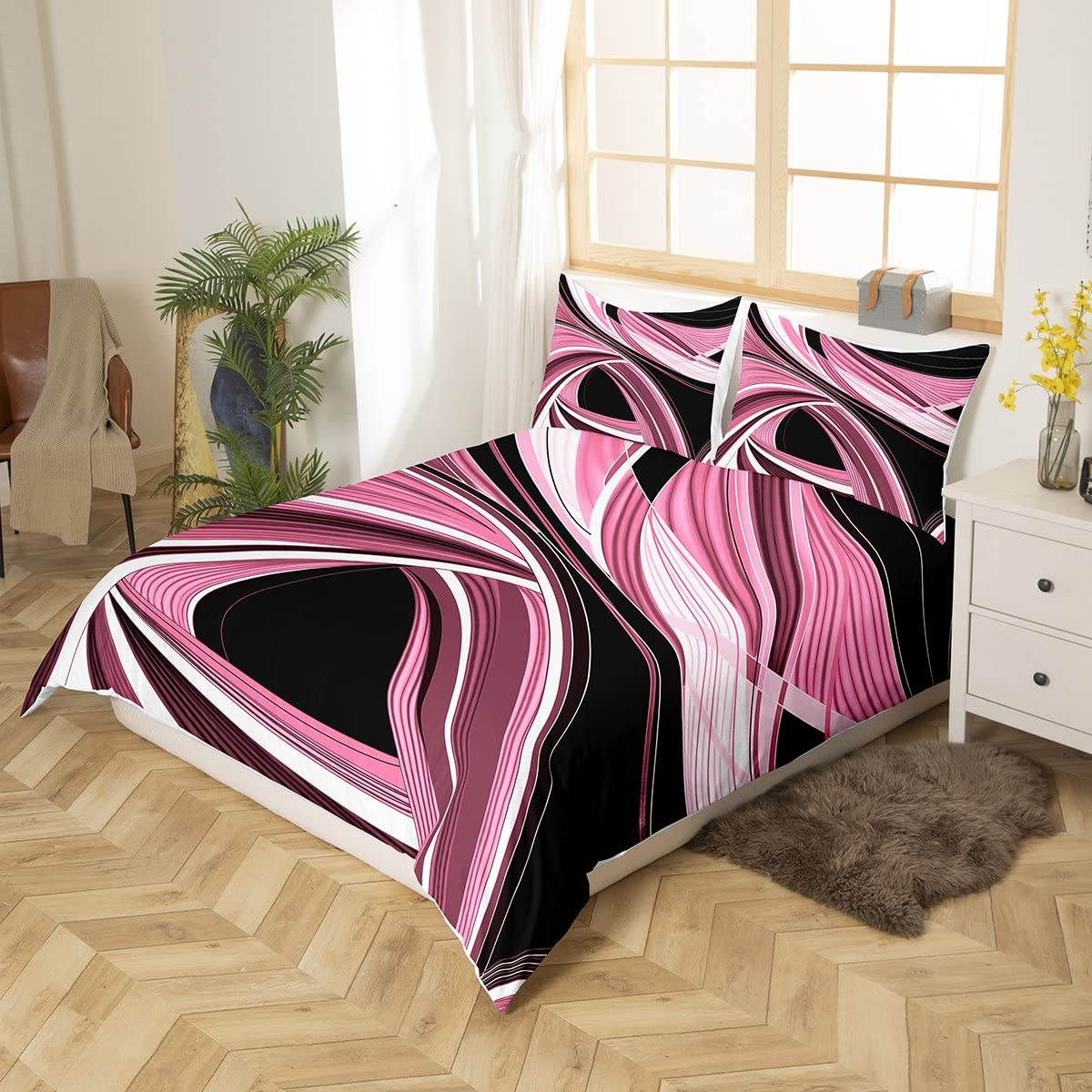 Black and Pink Duvet Cover Geometric Metal Art Bedding Set Retro Stripe Swirl Comforter Cover Retro Circle Geometry Bedspread Cover Full Size with 2 Pillow Case (No Comforter)