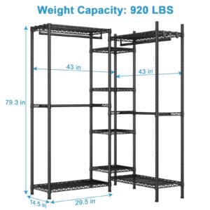 Ulif E4 Clothes Rack, Heavy-Duty Garment Rack, Metal Freestanding Clothing Organization Storage System Can Be L-Shaped with Shelves and Hangers, Max Load 920lbs, 71.6" W x 14.5" D x 79.3" H, Black