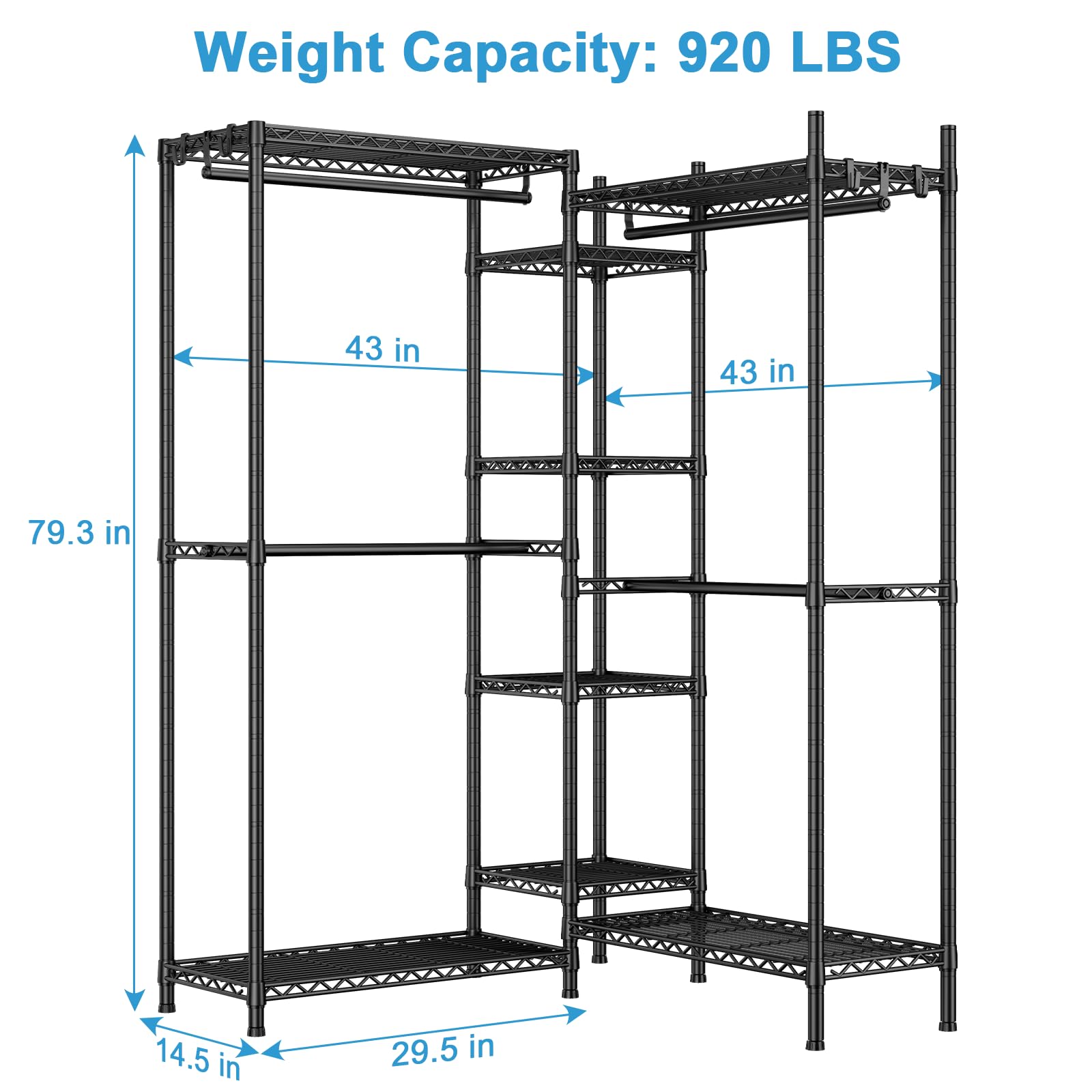 Ulif E4 Clothes Rack, Heavy-Duty Garment Rack, Metal Freestanding Clothing Organization Storage System Can Be L-Shaped with Shelves and Hangers, Max Load 920lbs, 71.6" W x 14.5" D x 79.3" H, Black