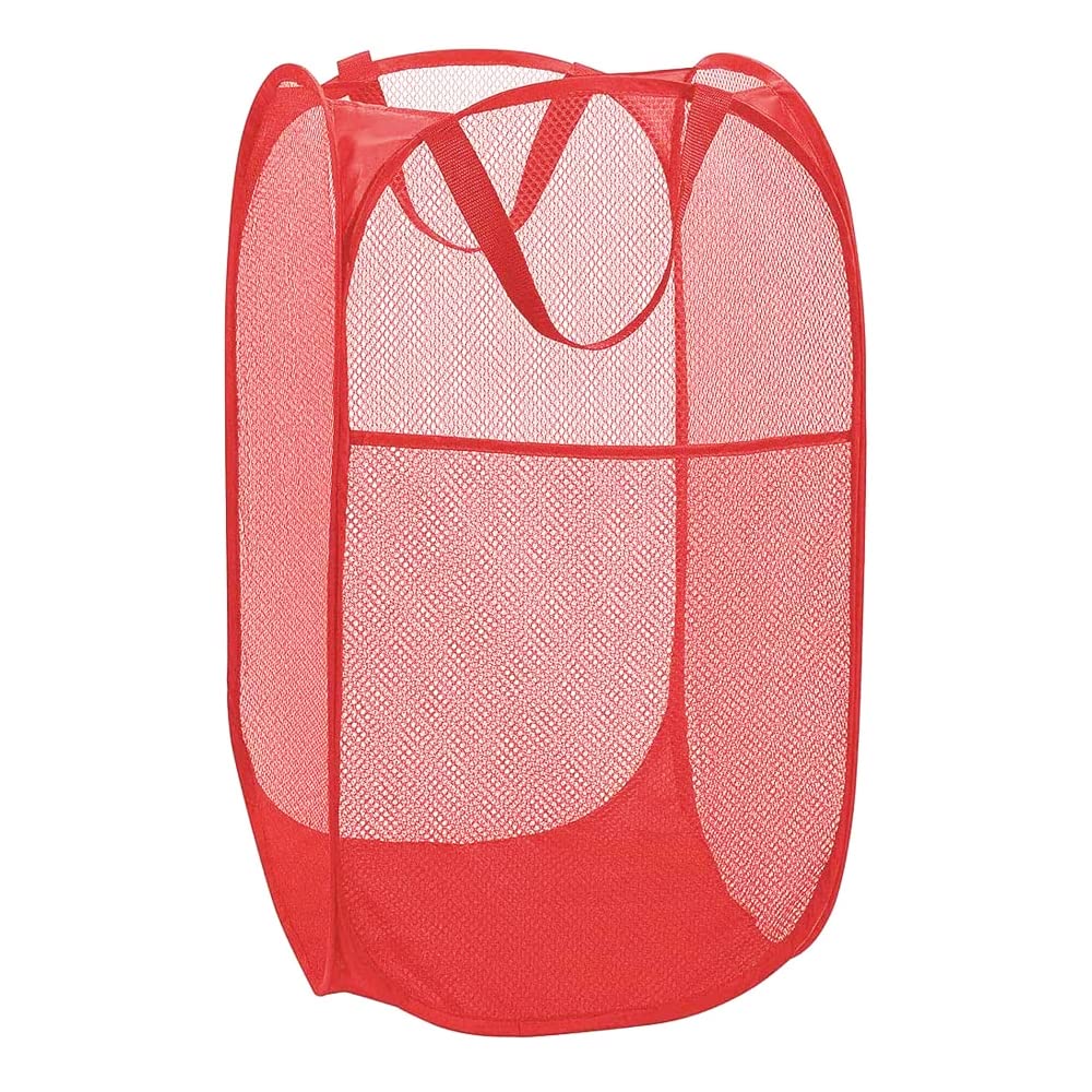 1 Pc Red Portable Popup Laundry Hamper, Foldable Pop-Up Mesh Hamper Dirty Clothes Basket with Carry Handles for Collapsible Clothes Baskets for Dorm, Bathroom & Travel - Small