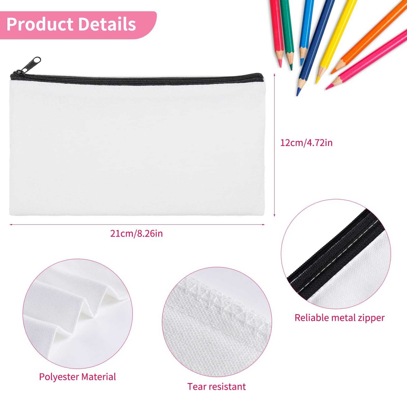 Valyria Sublimation Blanks Cosmetics Bag Bulk Heat Transfer Makeup Pouches Zipper Canvas Pen Case Pencil Pouch Travel Toiletry Bag for Travel DIY Craft 12 Pieces