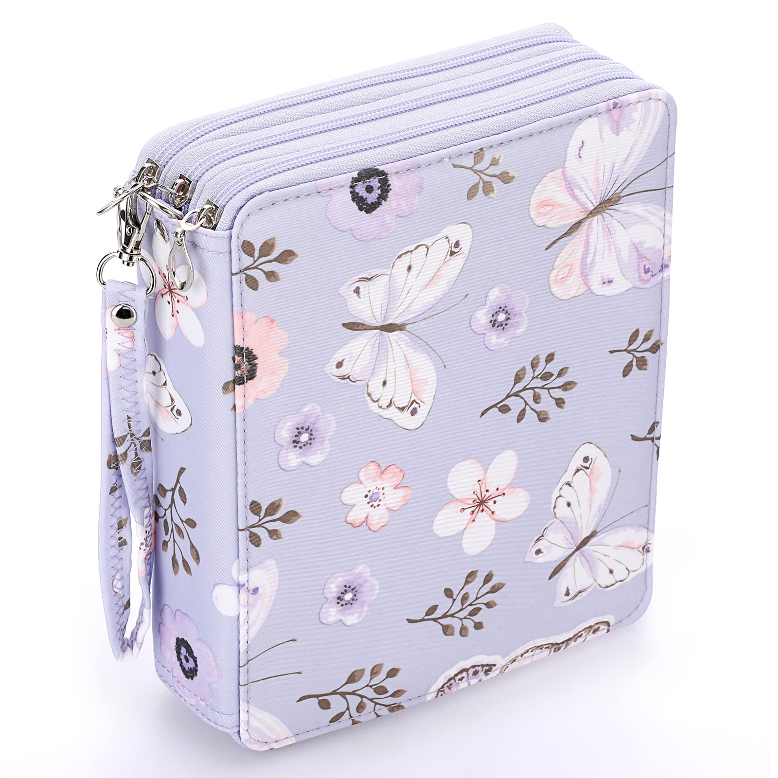 BTSKY Colored Pencil Case- 120 Slots Pencil Holder Large Capacity Pencil Organizer with Handle Strap Handy Colored Pencil Box with Printing Pattern (Purple Butterfly)