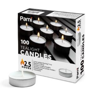 pami premium long-lasting 2.5 hours burning time tealight candles [100-pack] - unscented tea candles with- paraffin tealights with beautiful flame- round candles perfect for votive candle holders