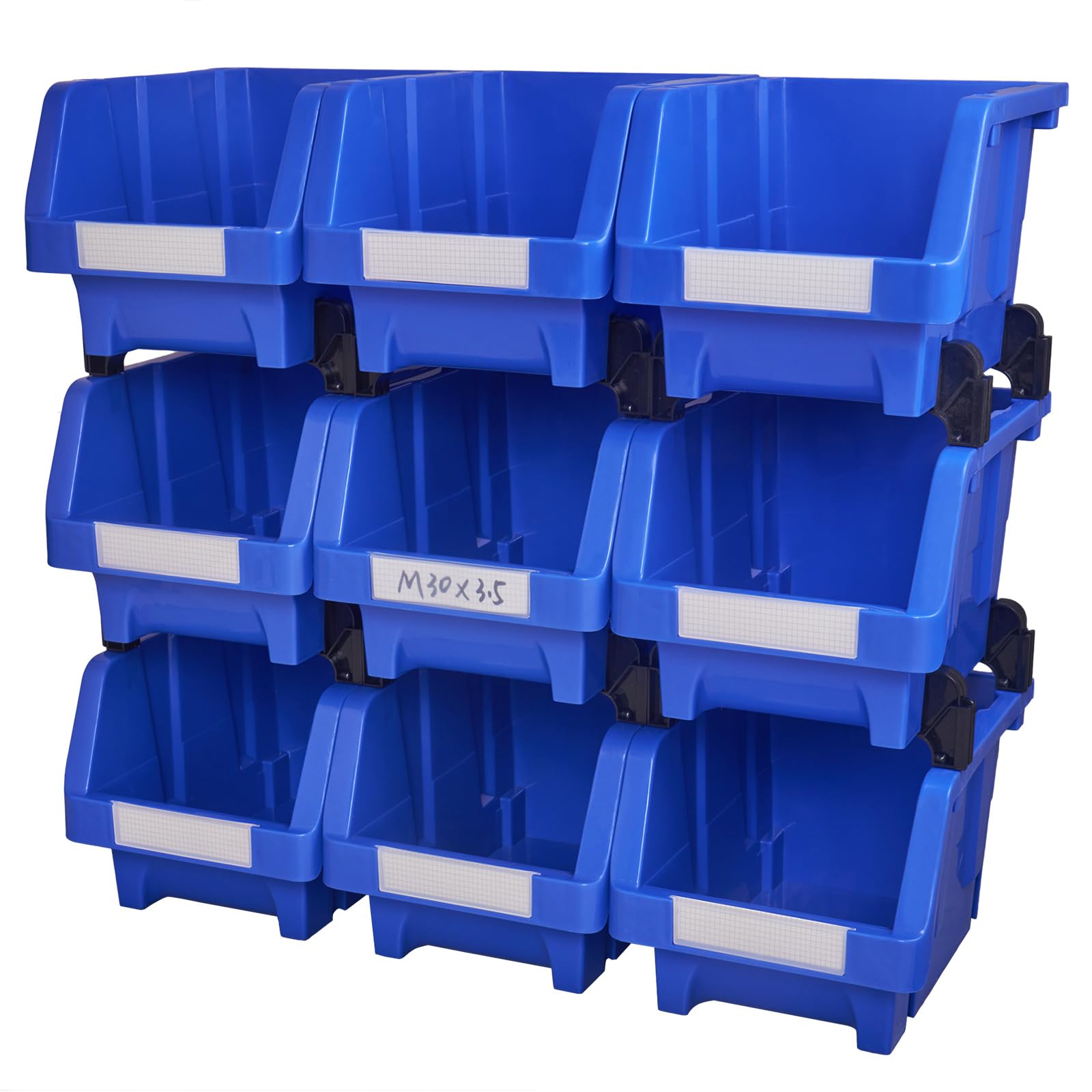 Aerkaa Stackable Tool Storage Bins Heavy Duty Plastic Storage Bins for Garage Organization and DIY Projects with Labels(Blue,pack of 9)