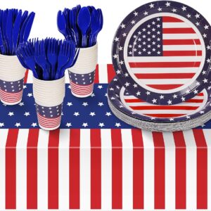 Patriotic Party Supplies,152Pcs American Flag Themed Party Set, Patriotic Party Decorations, American Flag Tablecloths,4th of July Plates Cups, Red White and Blue Decor for Outside, Picnic, Memorial