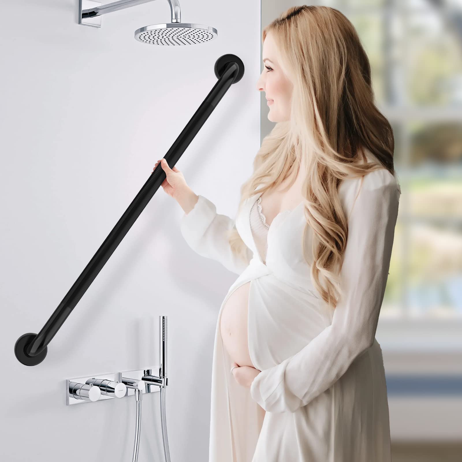 Black Shower Grab Bar w/Anti-Slip Knurled Grip 36 Inch, Zepolu Stainless Steel Bathroom Handicap Grab Bars, Safety Bar Balanced Handrail, Handicap Injury Elderly Senior Assist Support Shower Handle